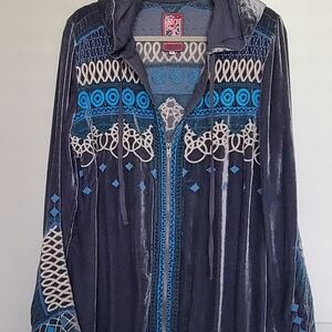 Johnny Was Blue Velvet Zip-up Embroidered Hoodie-Gorgeous